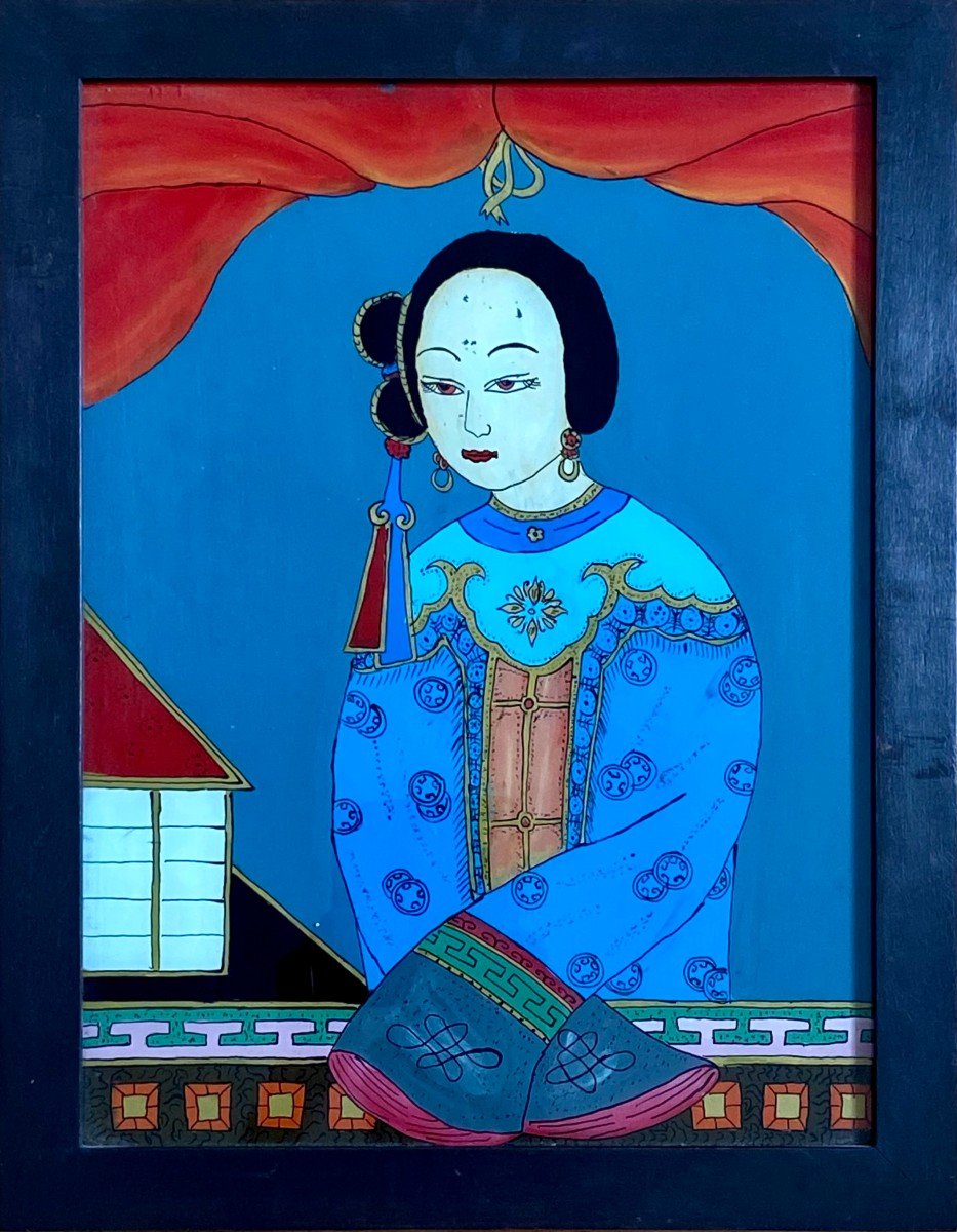 China, 1920s, Glass Painting Depicting A Court Lady In Traditional Dress-photo-2