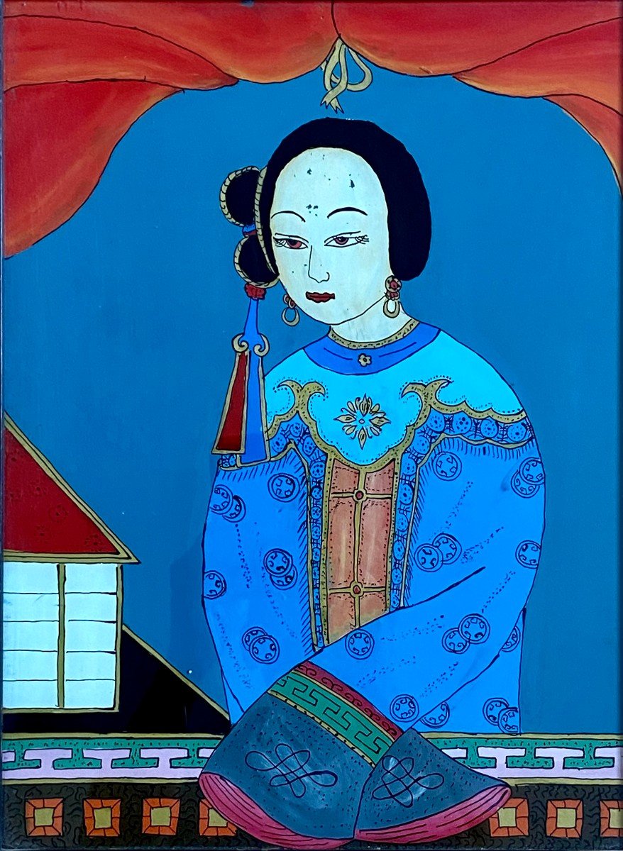 China, 1920s, Glass Painting Depicting A Court Lady In Traditional Dress