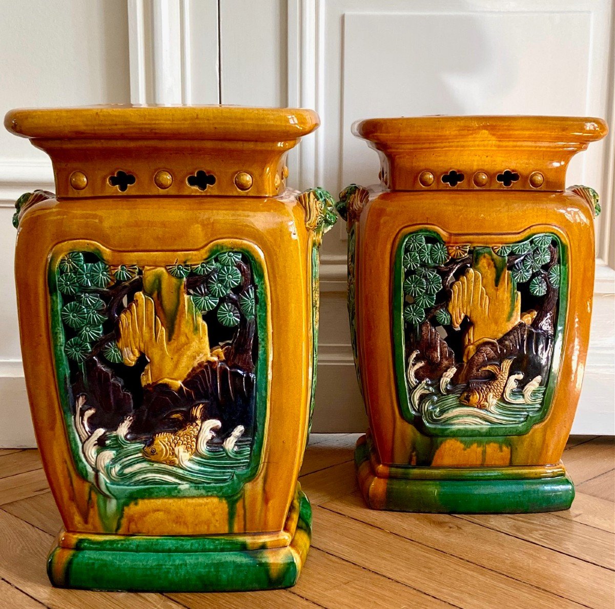 China, First Third Of The 20th Century, Pair Of Ming Period Glazed Earthenware Stools.-photo-2