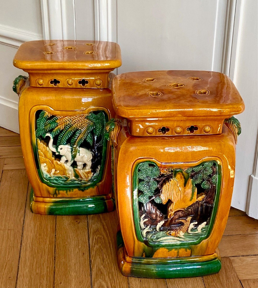 China, First Third Of The 20th Century, Pair Of Ming Period Glazed Earthenware Stools.-photo-4