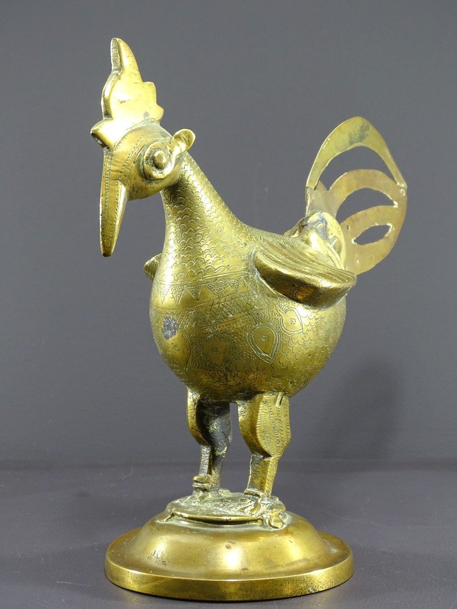 India, 19th Century, Indo-persian Style Bronze And Brass Rooster Standing Proudly On A Base.-photo-2