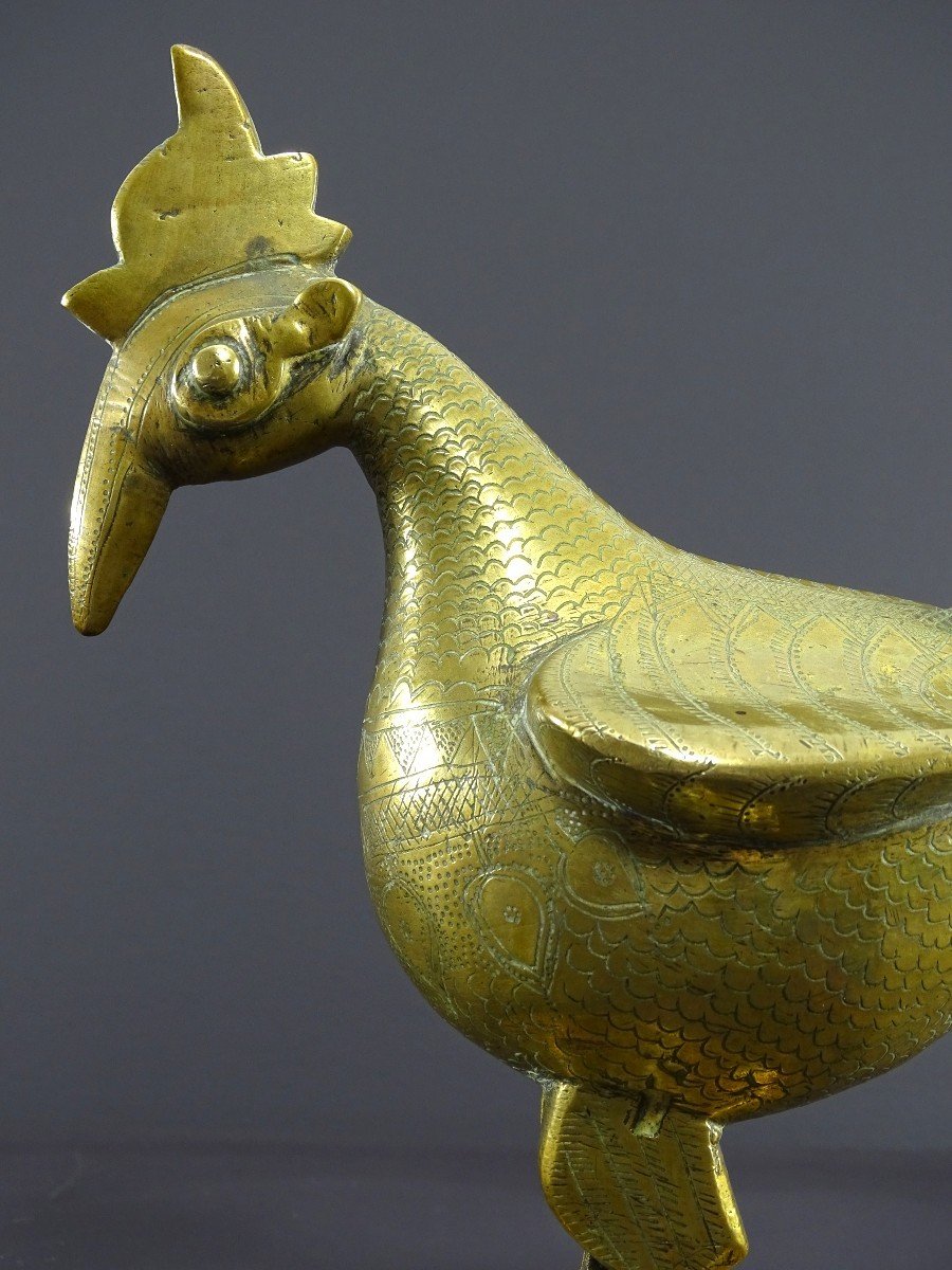 India, 19th Century, Indo-persian Style Bronze And Brass Rooster Standing Proudly On A Base.-photo-3