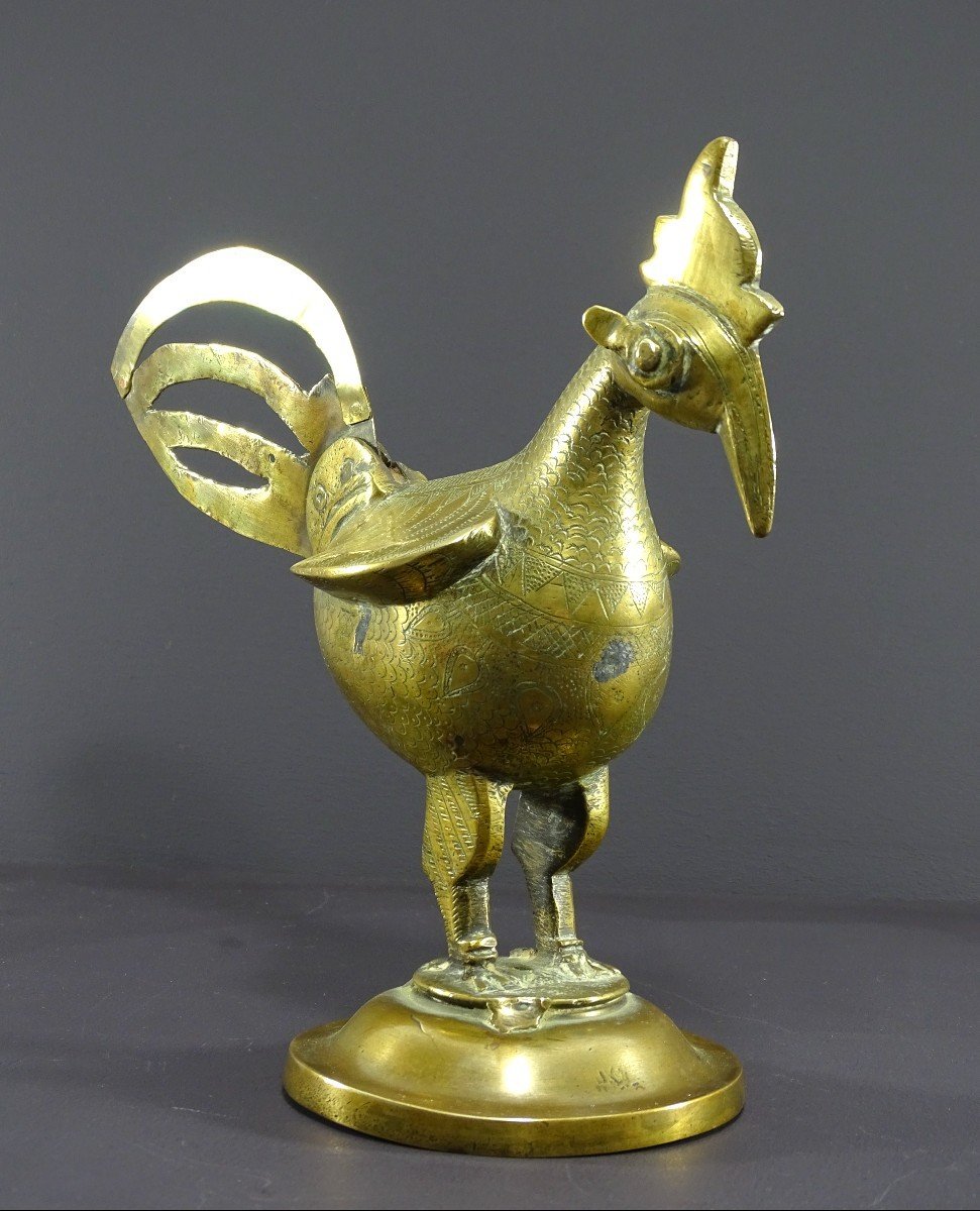 India, 19th Century, Indo-persian Style Bronze And Brass Rooster Standing Proudly On A Base.-photo-4