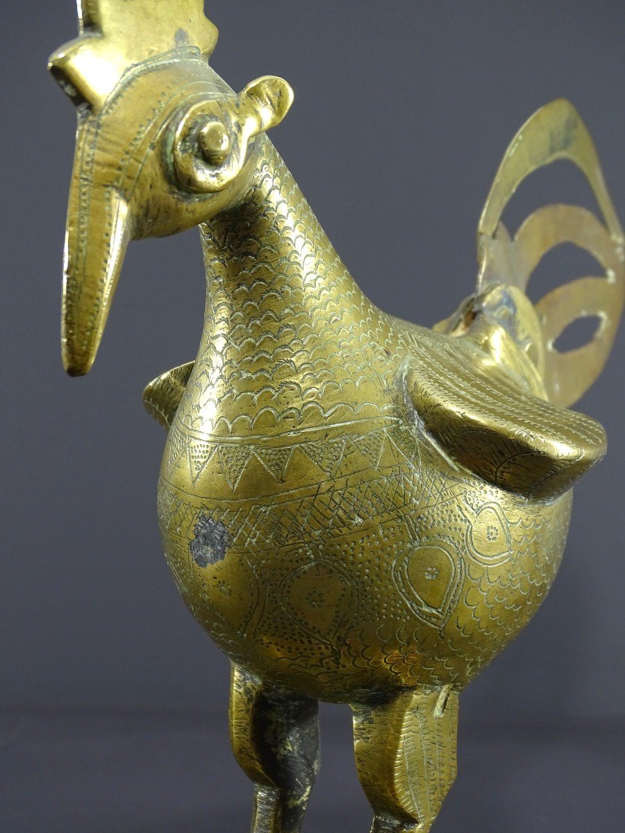 India, 19th Century, Indo-persian Style Bronze And Brass Rooster Standing Proudly On A Base.-photo-2