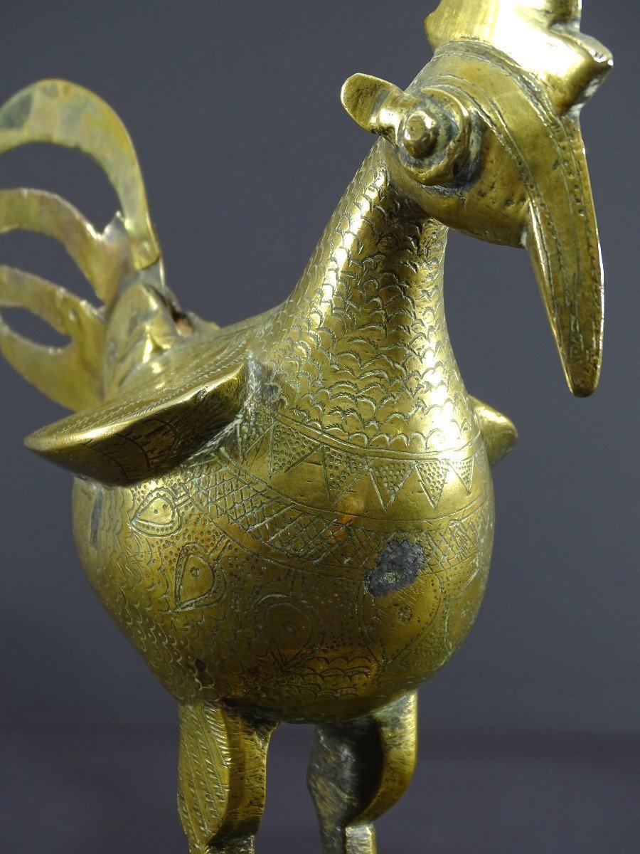 India, 19th Century, Indo-persian Style Bronze And Brass Rooster Standing Proudly On A Base.-photo-4