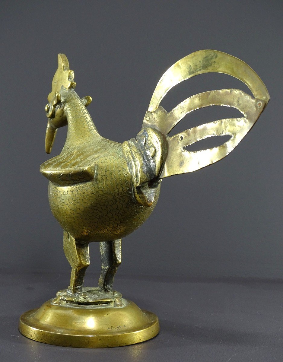 India, 19th Century, Indo-persian Style Bronze And Brass Rooster Standing Proudly On A Base.-photo-5