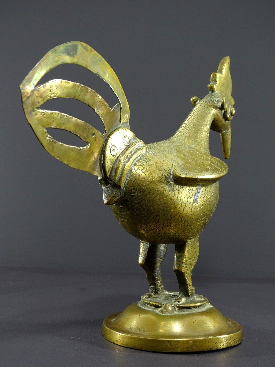 India, 19th Century, Indo-persian Style Bronze And Brass Rooster Standing Proudly On A Base.-photo-6