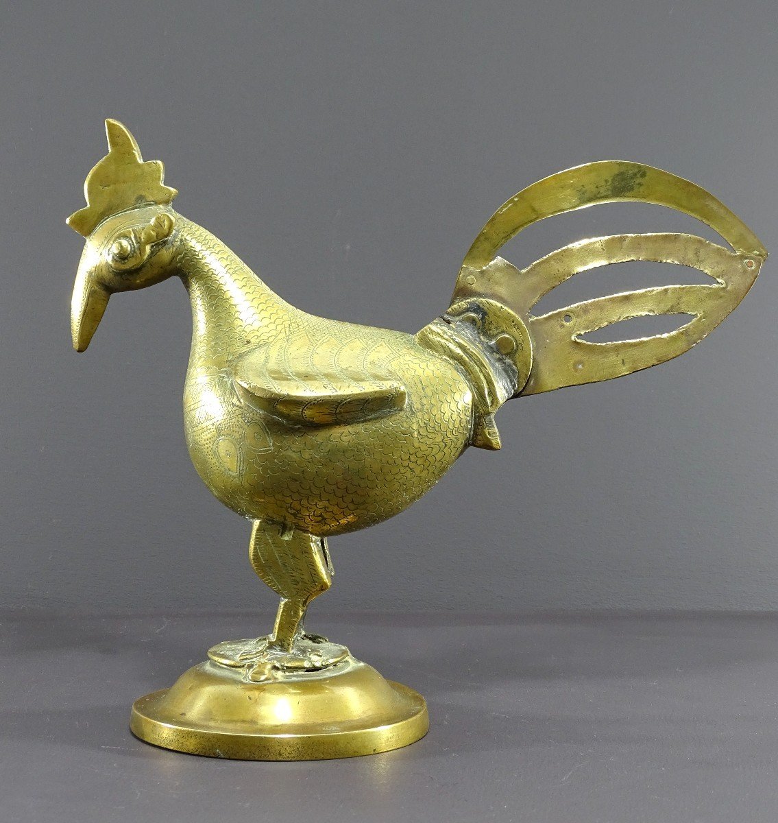 India, 19th Century, Indo-persian Style Bronze And Brass Rooster Standing Proudly On A Base.-photo-7