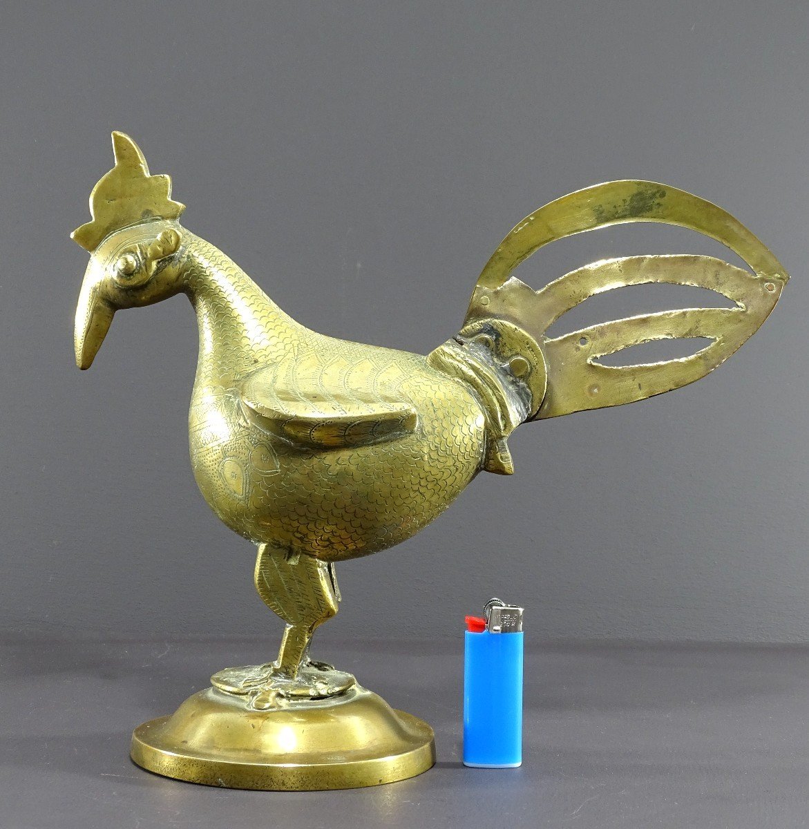 India, 19th Century, Indo-persian Style Bronze And Brass Rooster Standing Proudly On A Base.-photo-8