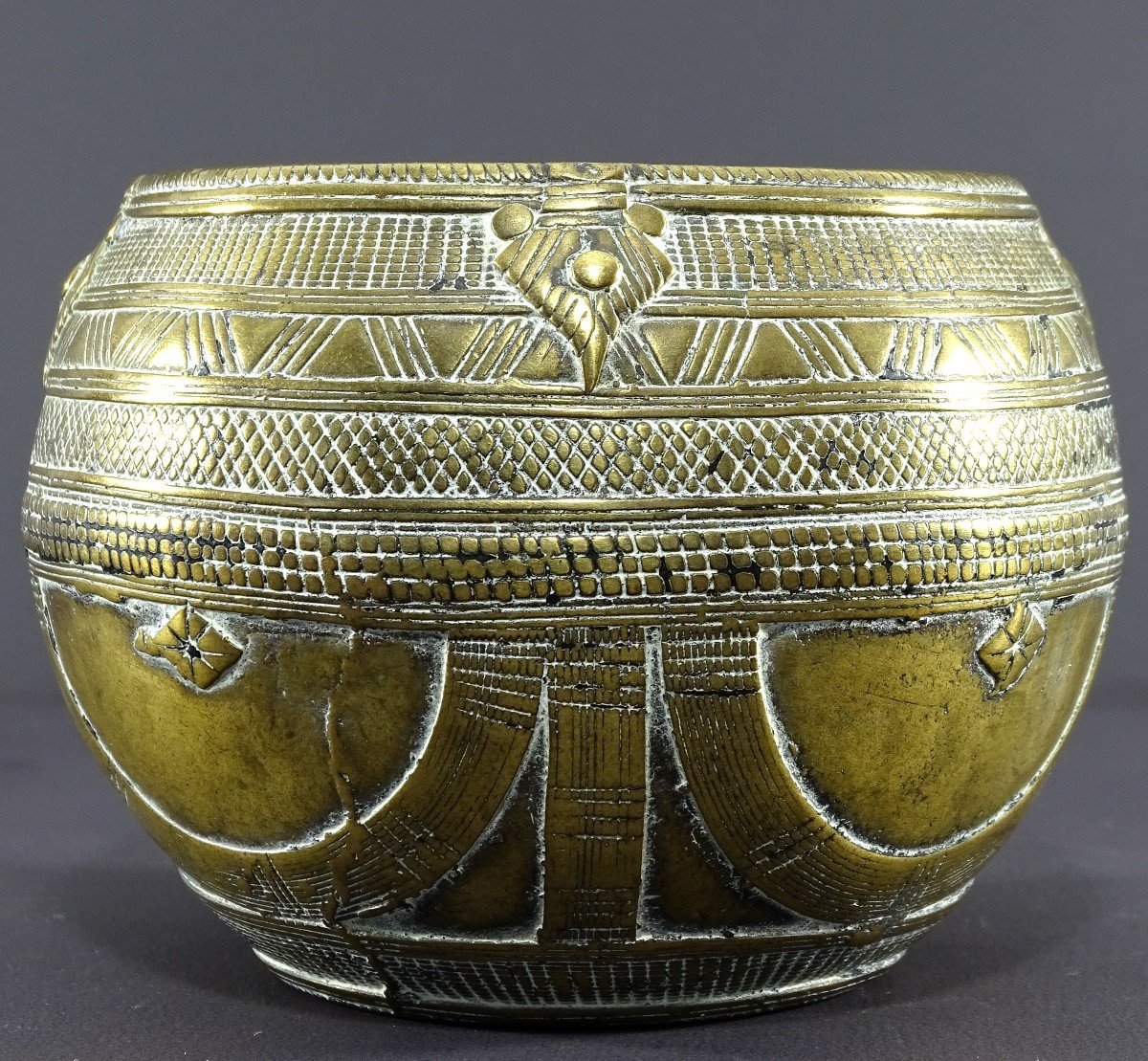 India, Early 20th Century, Dokhra Tribal Art, Brass Bowl Geometric Patterns, Rice Measure