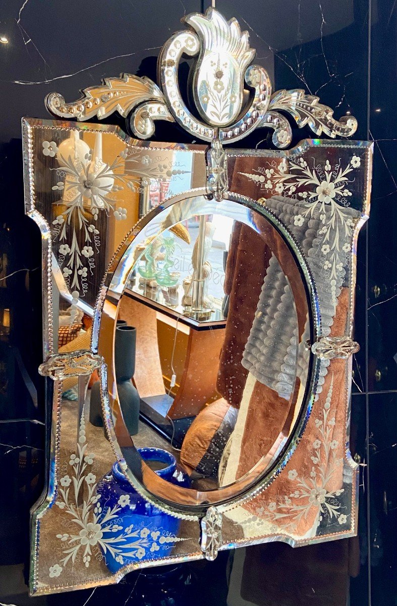 Venice, Murano Island, 1930s, Large Mirror With Engraved And Eglomise Decor.-photo-2