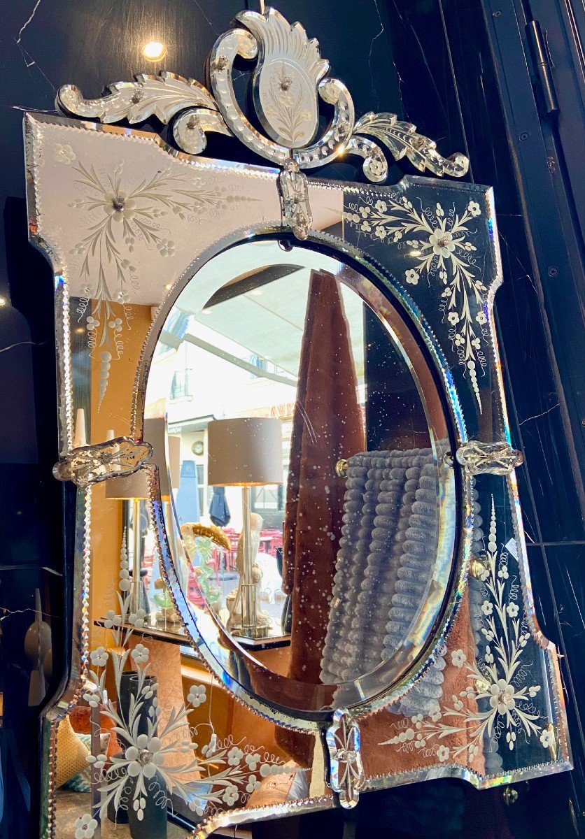 Venice, Murano Island, 1930s, Large Mirror With Engraved And Eglomise Decor.-photo-3