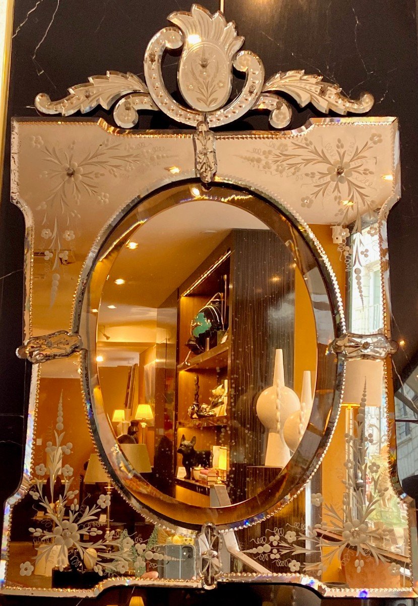 Venice, Murano Island, 1930s, Large Mirror With Engraved And Eglomise Decor.