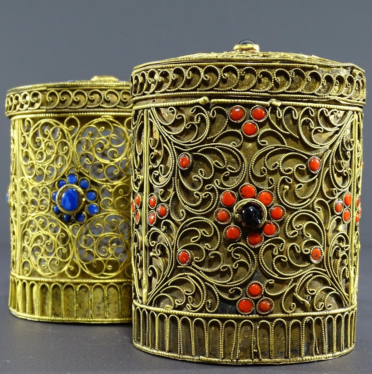 Tibet, 1950s, Pair Of Gilt Copper Boxes Decorated With Blue, Red And Black Enamel. -photo-4