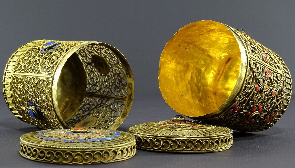 Tibet, 1950s, Pair Of Gilt Copper Boxes Decorated With Blue, Red And Black Enamel. -photo-1