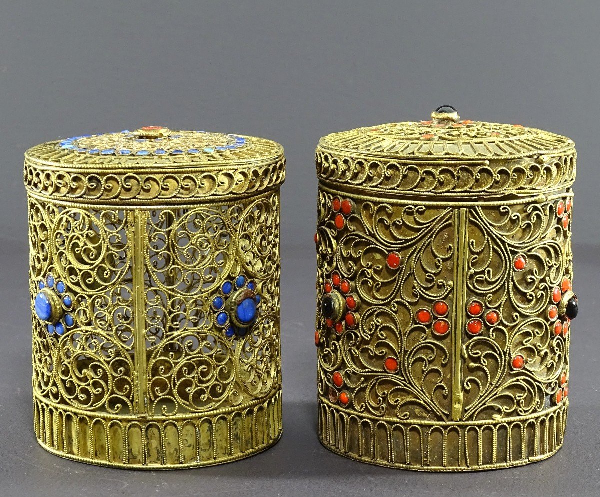 Tibet, 1950s, Pair Of Gilt Copper Boxes Decorated With Blue, Red And Black Enamel. 