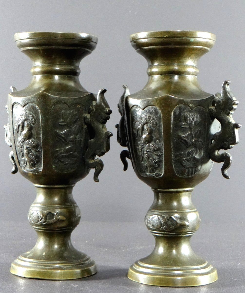 Vietnam, Circa 1900, Pair Of Bronze Vases Decorated With Birds And Flowers.-photo-3