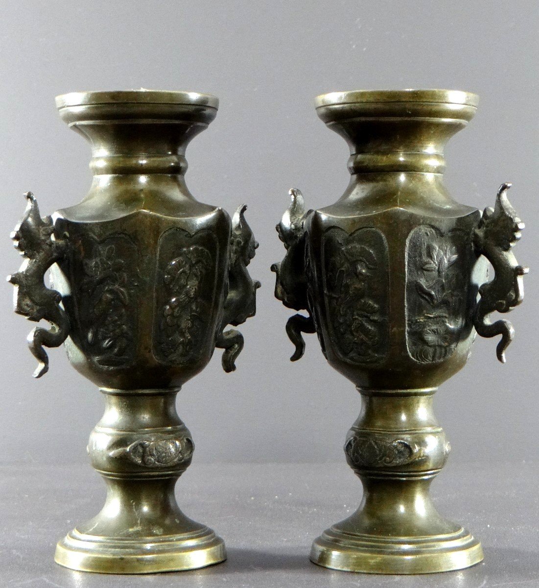 Vietnam, Circa 1900, Pair Of Bronze Vases Decorated With Birds And Flowers.-photo-4