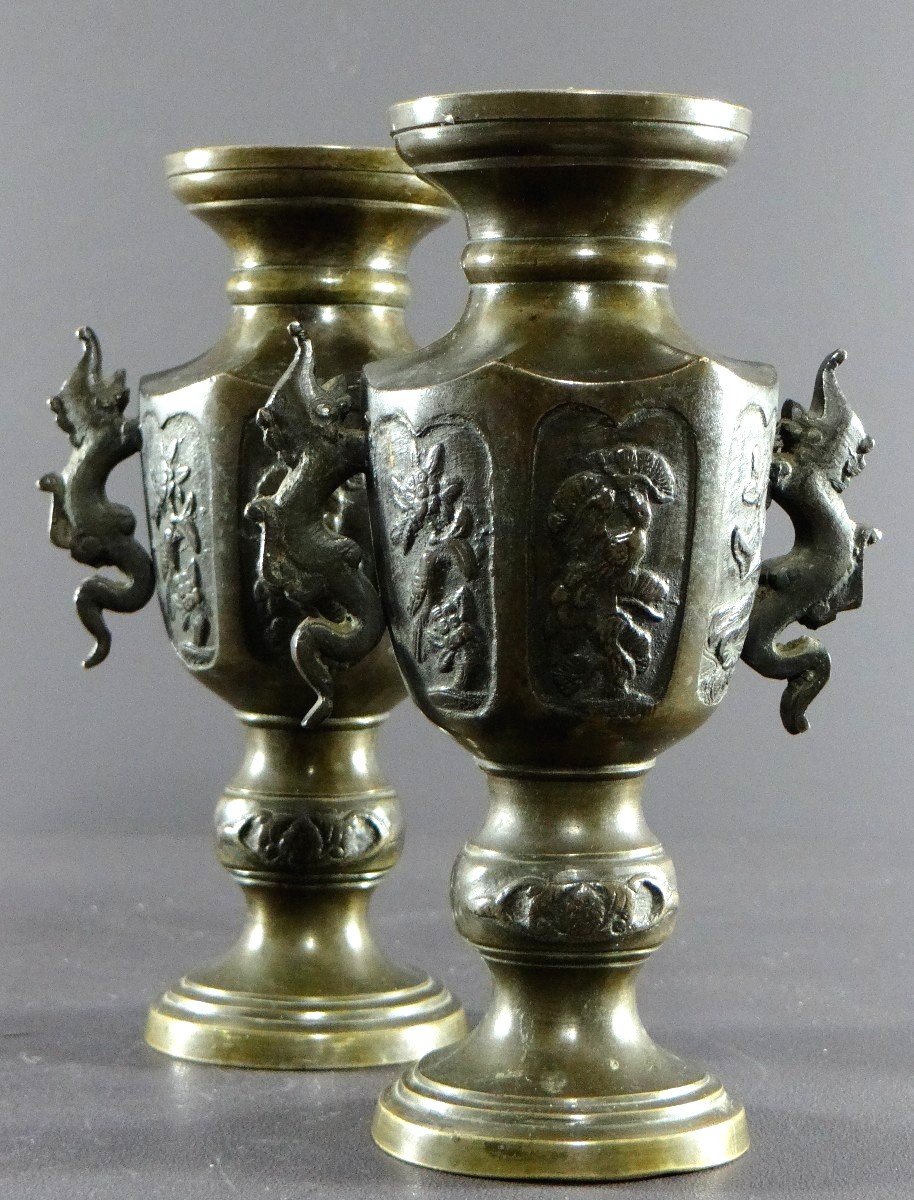 Vietnam, Circa 1900, Pair Of Bronze Vases Decorated With Birds And Flowers.-photo-6