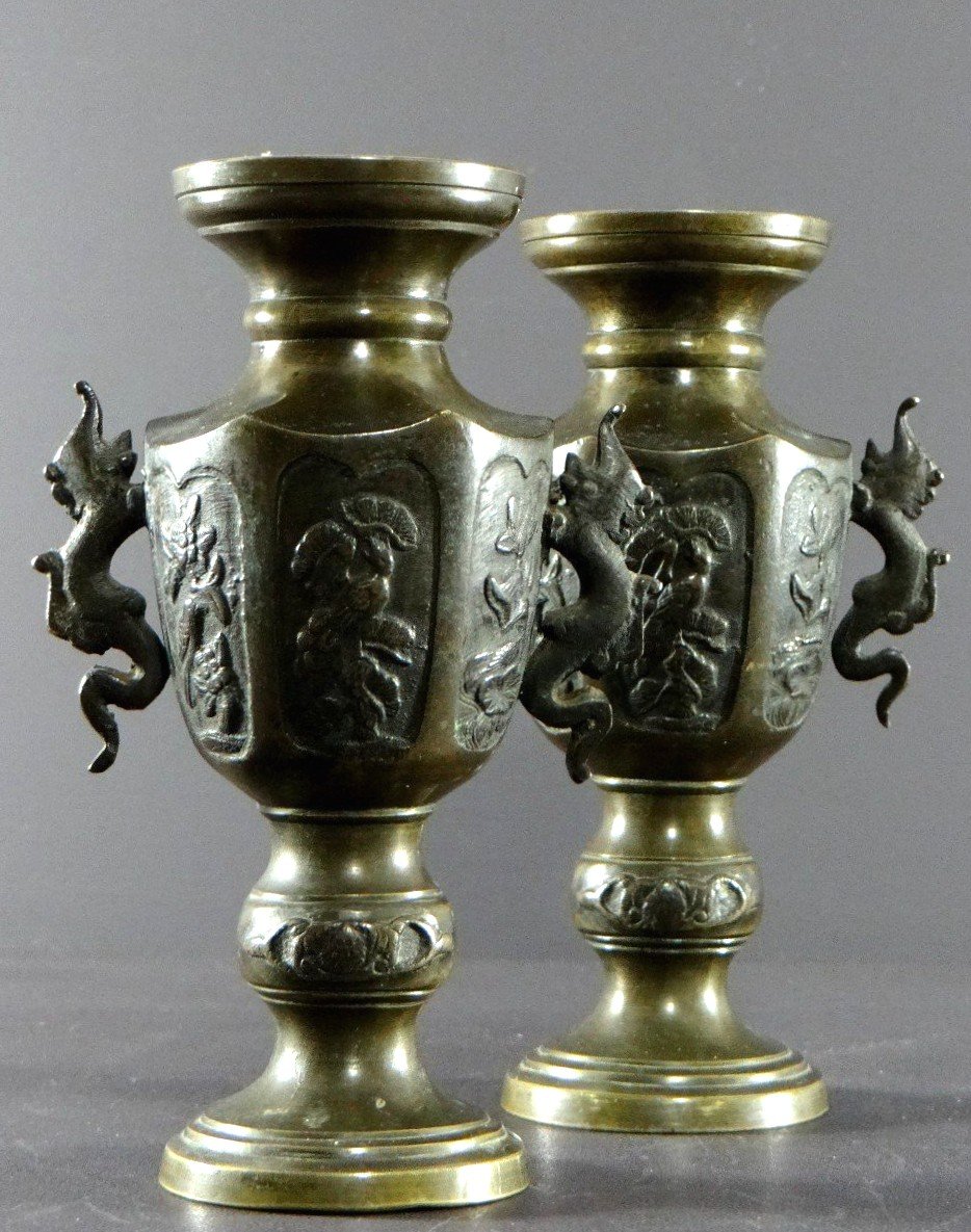 Vietnam, Circa 1900, Pair Of Bronze Vases Decorated With Birds And Flowers.