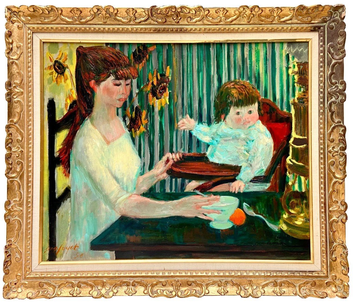 Jean Joyer (1919-1994), Oil On Canvas Painting Depicting A Mother And Her Child From 1956.-photo-2