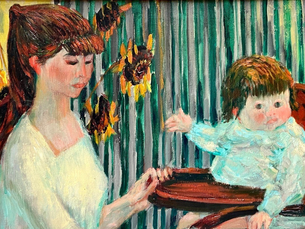 Jean Joyer (1919-1994), Oil On Canvas Painting Depicting A Mother And Her Child From 1956.-photo-1