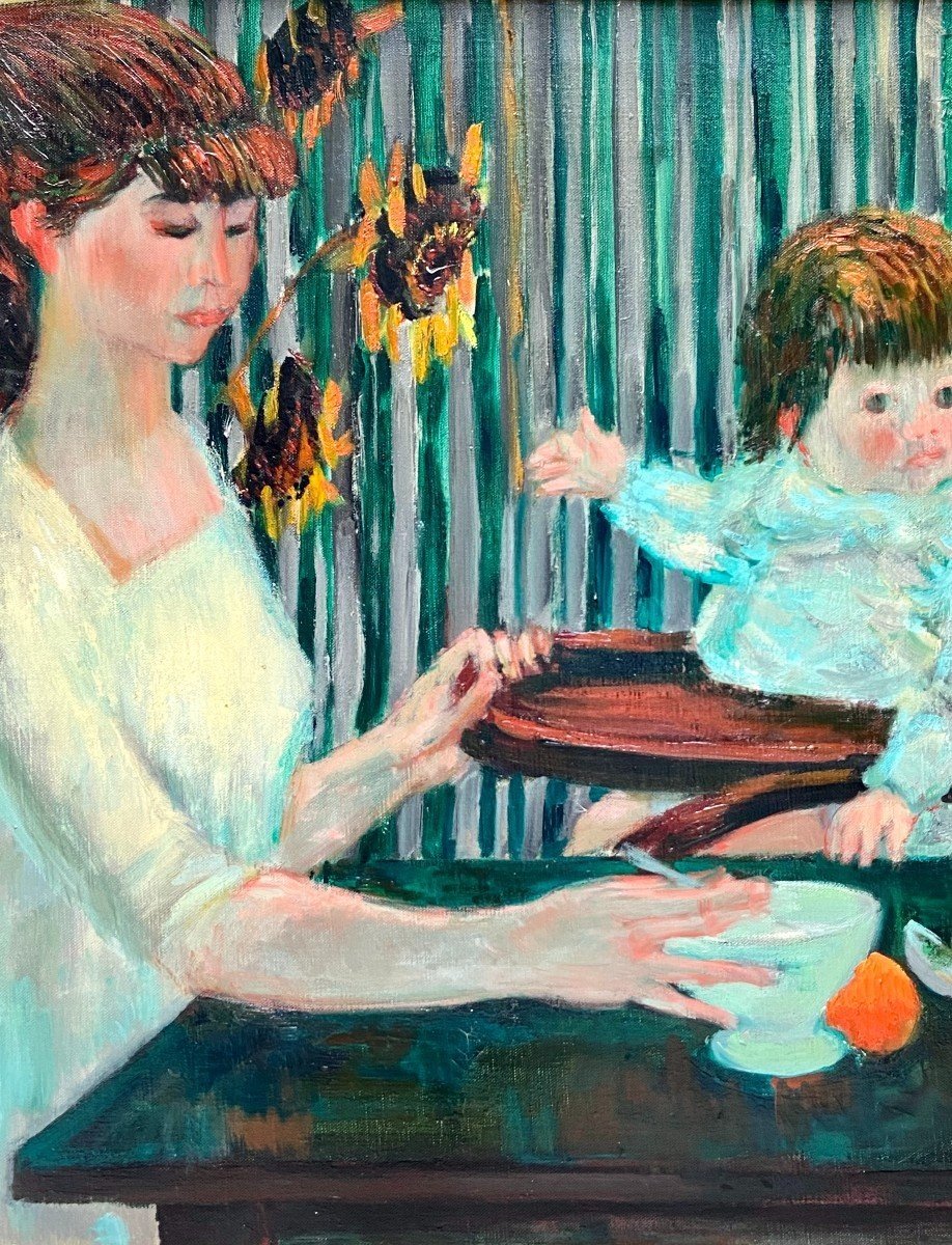 Jean Joyer (1919-1994), Oil On Canvas Painting Depicting A Mother And Her Child From 1956.-photo-4