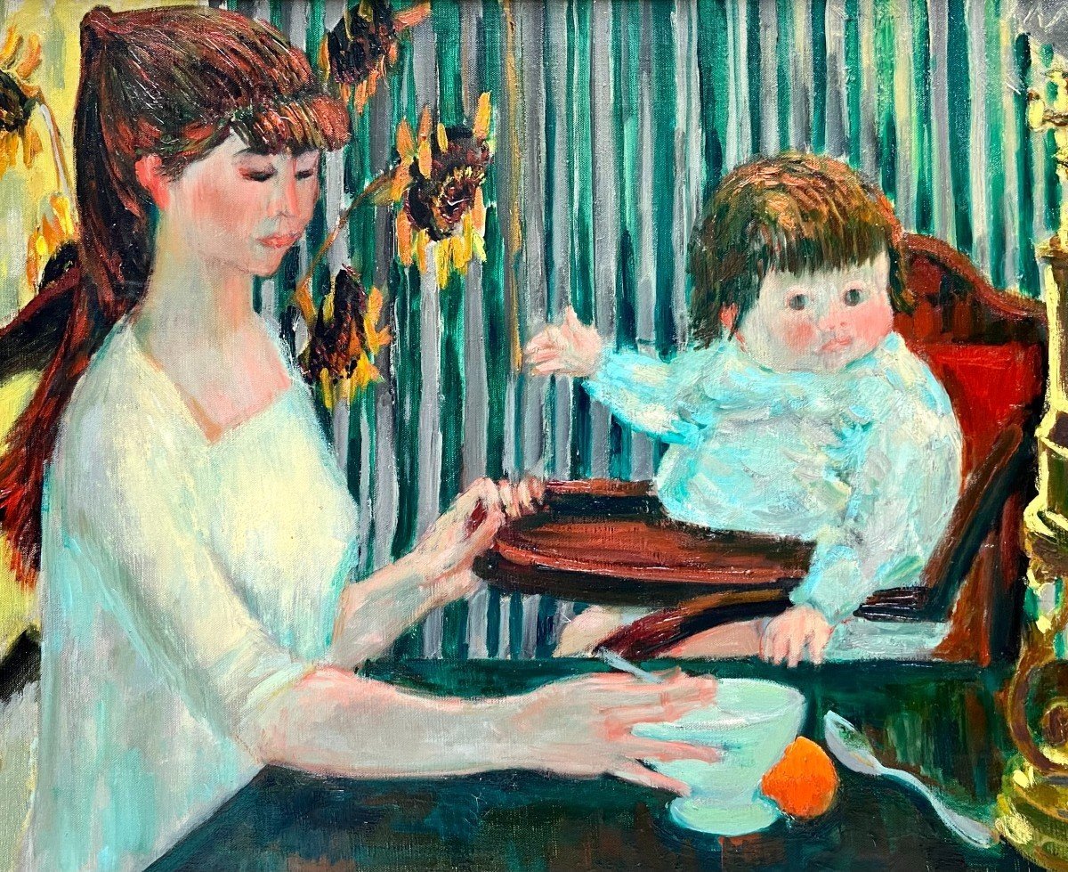 Jean Joyer (1919-1994), Oil On Canvas Painting Depicting A Mother And Her Child From 1956.