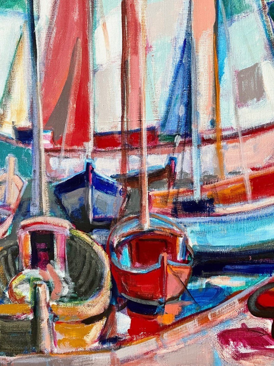 Michel Kritz (1925-1994), Tableau Vue De Bateaux Au Port Années 1970.-photo-2