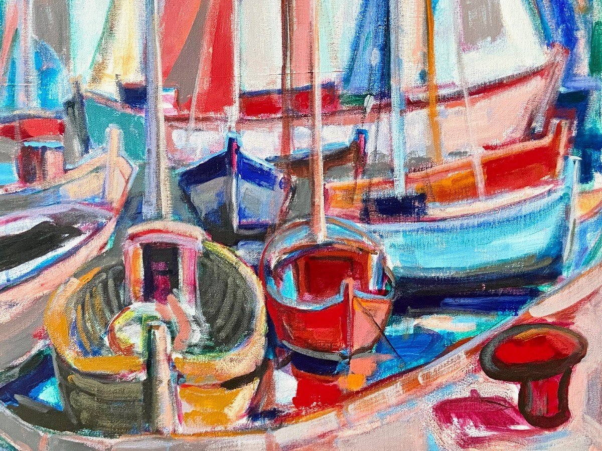 Michel Kritz (1925-1994), Tableau Vue De Bateaux Au Port Années 1970.-photo-3