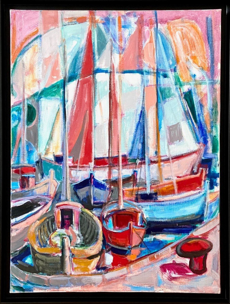 Michel Kritz (1925-1994), Tableau Vue De Bateaux Au Port Années 1970.-photo-4