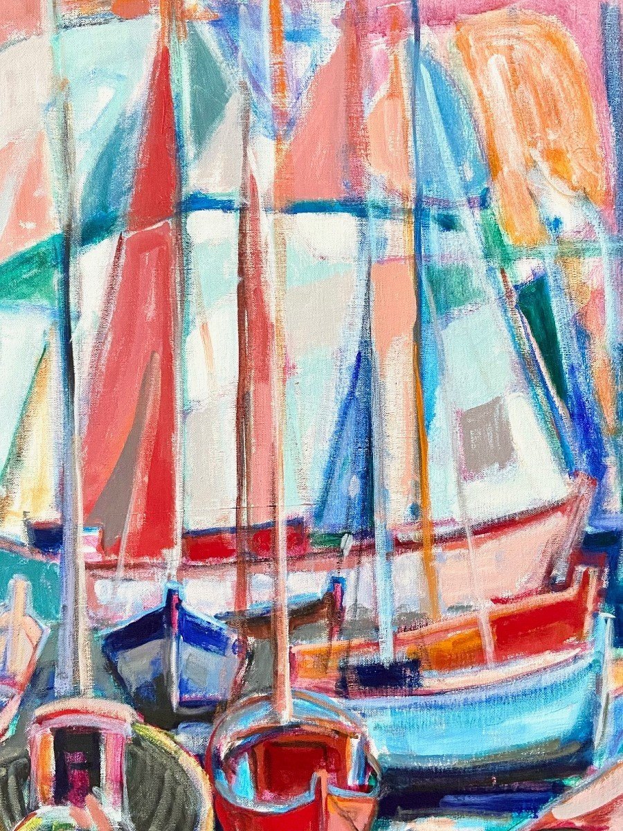 Michel Kritz (1925-1994), Tableau Vue De Bateaux Au Port Années 1970.-photo-2