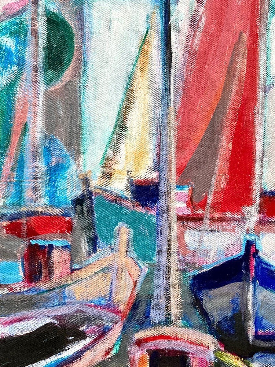 Michel Kritz (1925-1994), Tableau Vue De Bateaux Au Port Années 1970.-photo-3