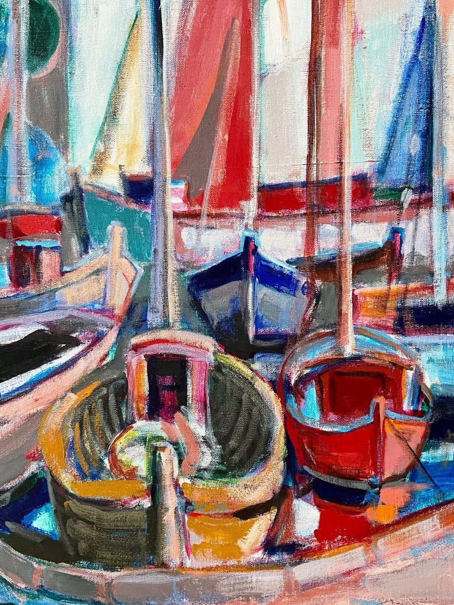 Michel Kritz (1925-1994), Tableau Vue De Bateaux Au Port Années 1970.-photo-4