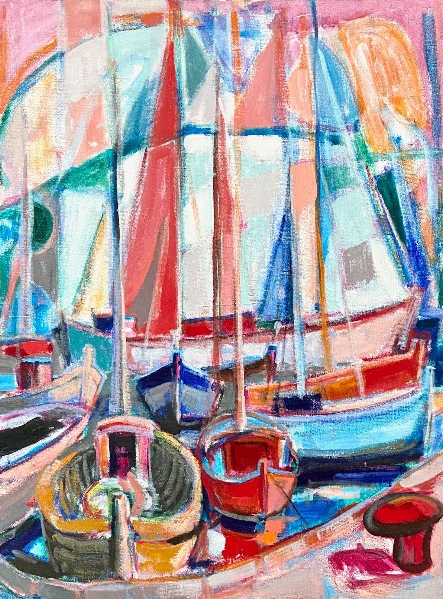 Michel Kritz (1925-1994), Tableau Vue De Bateaux Au Port Années 1970.