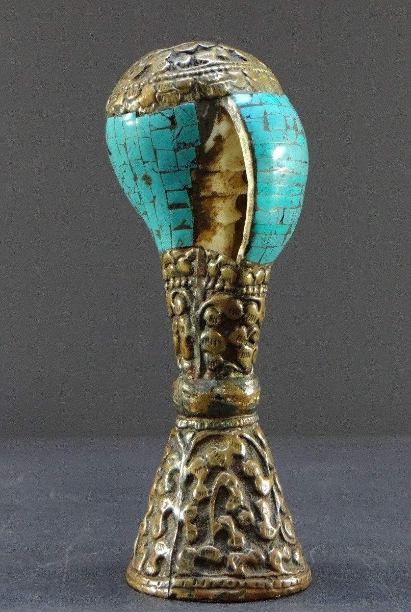 Tibet, Early 20th Century, Repoussé Copper And Turquoise Seal On A Shell Base-photo-2