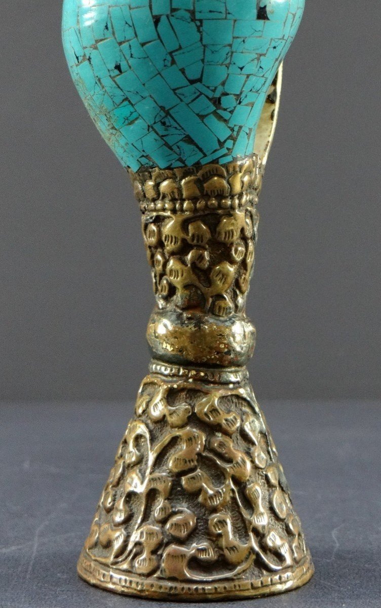 Tibet, Early 20th Century, Repoussé Copper And Turquoise Seal On A Shell Base-photo-4