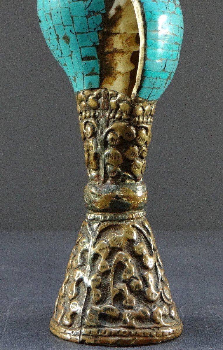 Tibet, Early 20th Century, Repoussé Copper And Turquoise Seal On A Shell Base-photo-6