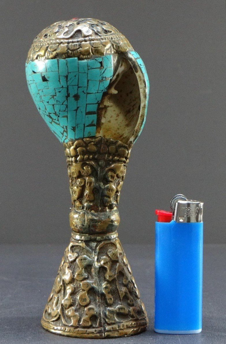 Tibet, Early 20th Century, Repoussé Copper And Turquoise Seal On A Shell Base-photo-8