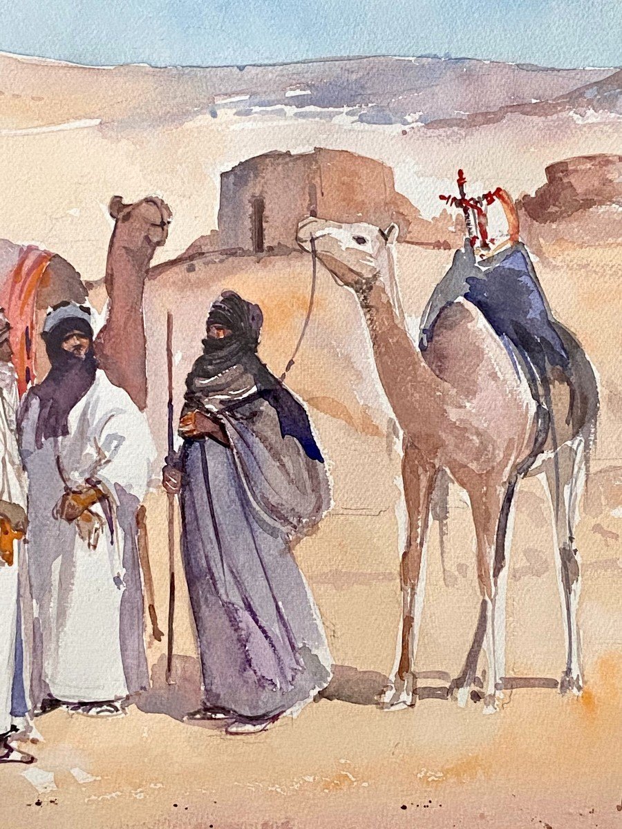 Michel Burbeau, Orientalist Watercolor Animated Scene In An Atlas Village.-photo-2