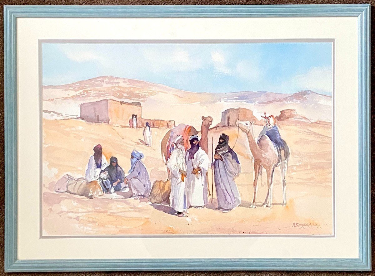 Michel Burbeau, Orientalist Watercolor Animated Scene In An Atlas Village.-photo-3