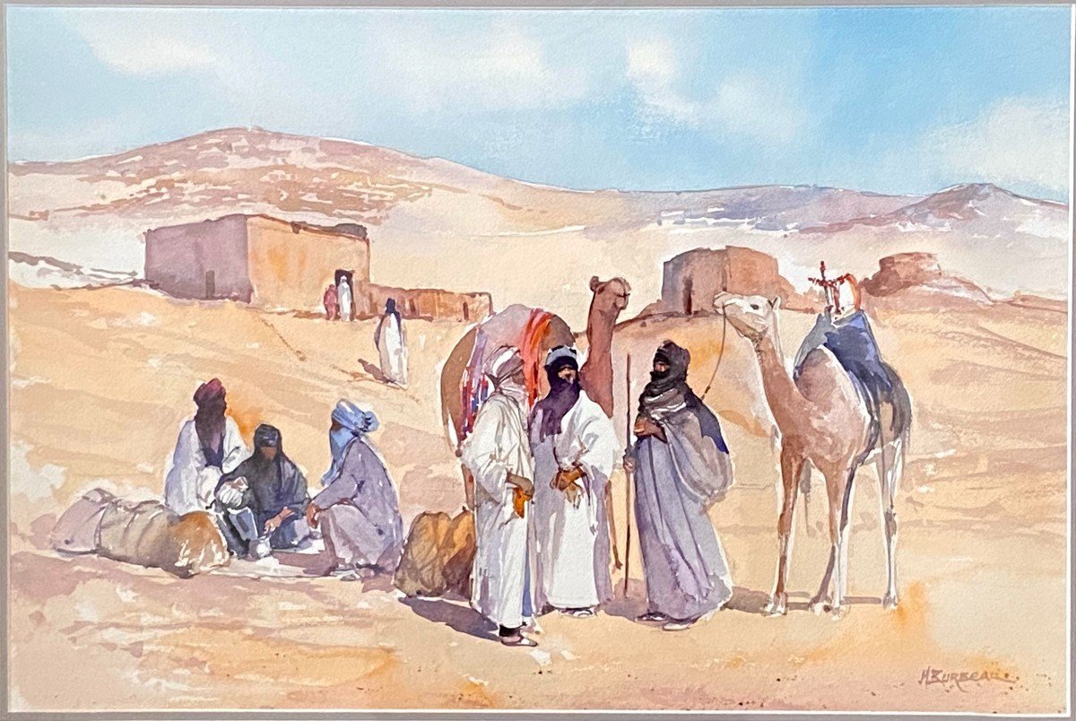 Michel Burbeau, Orientalist Watercolor Animated Scene In An Atlas Village.-photo-1