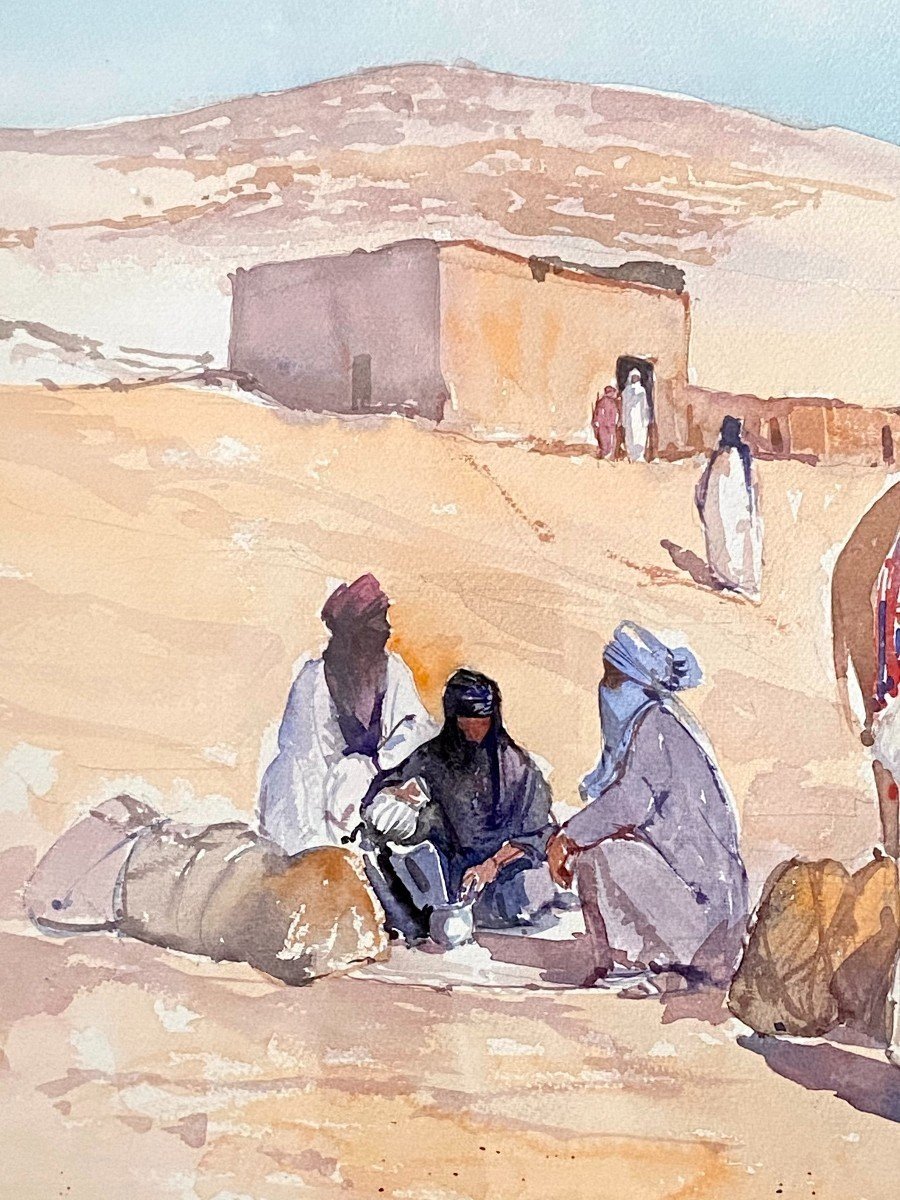 Michel Burbeau, Orientalist Watercolor Animated Scene In An Atlas Village.-photo-3