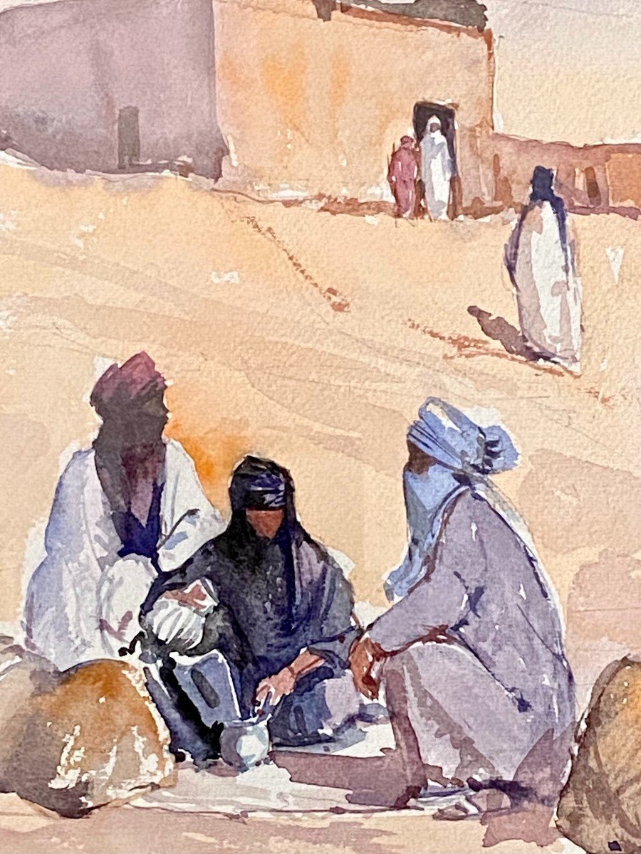 Michel Burbeau, Orientalist Watercolor Animated Scene In An Atlas Village.-photo-4