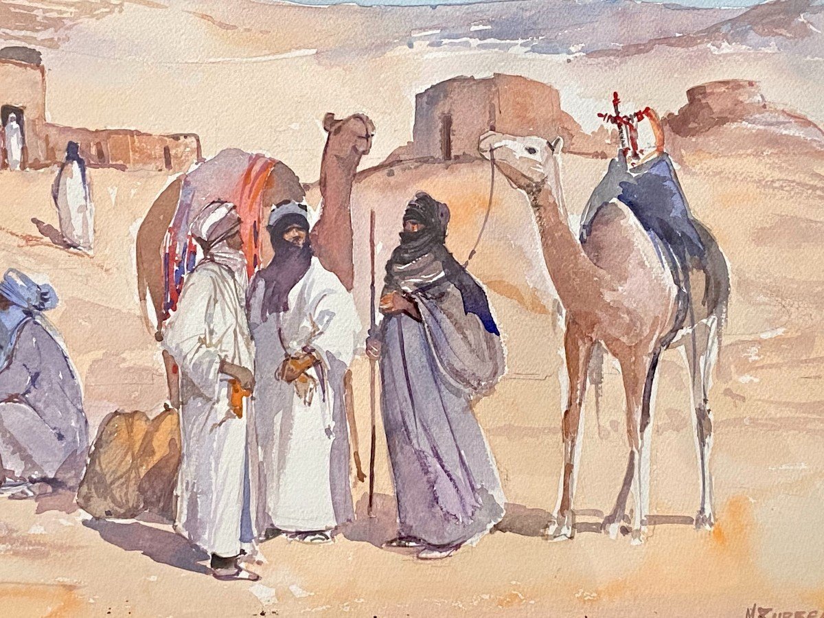 Michel Burbeau, Aquarelle Orientaliste Scène Animée Dans Un Village De l'Atlas.