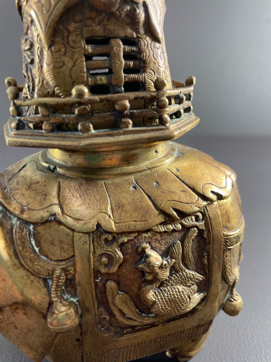 China, First Third Of The 20th Century, Bronze Incense Burner With Gilded Patina Depicting An Elephant-photo-1