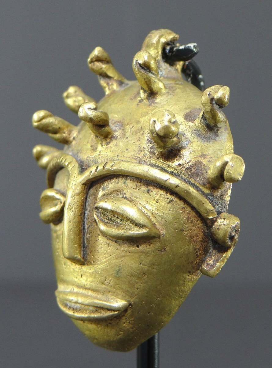 Ivory Coast, Baoulé People, 1950s/1960s, Miniature Anthropomorphic Bronze Mask.-photo-1