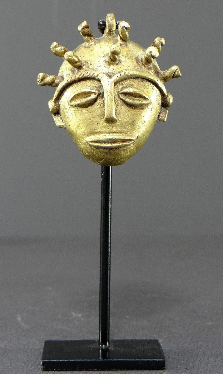 Côte d'Ivoire, Peuple Baoulé, Années 1950/1960, Masque Miniature Anthropomorphe En Bronze.-photo-2