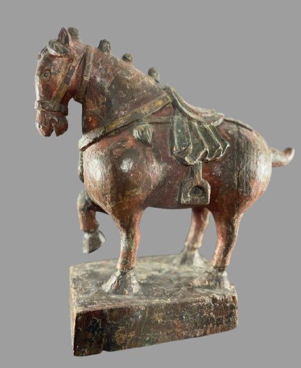 South China, Early 20th Century, Polychrome Wooden Horse Statue With Raised Leg.-photo-4