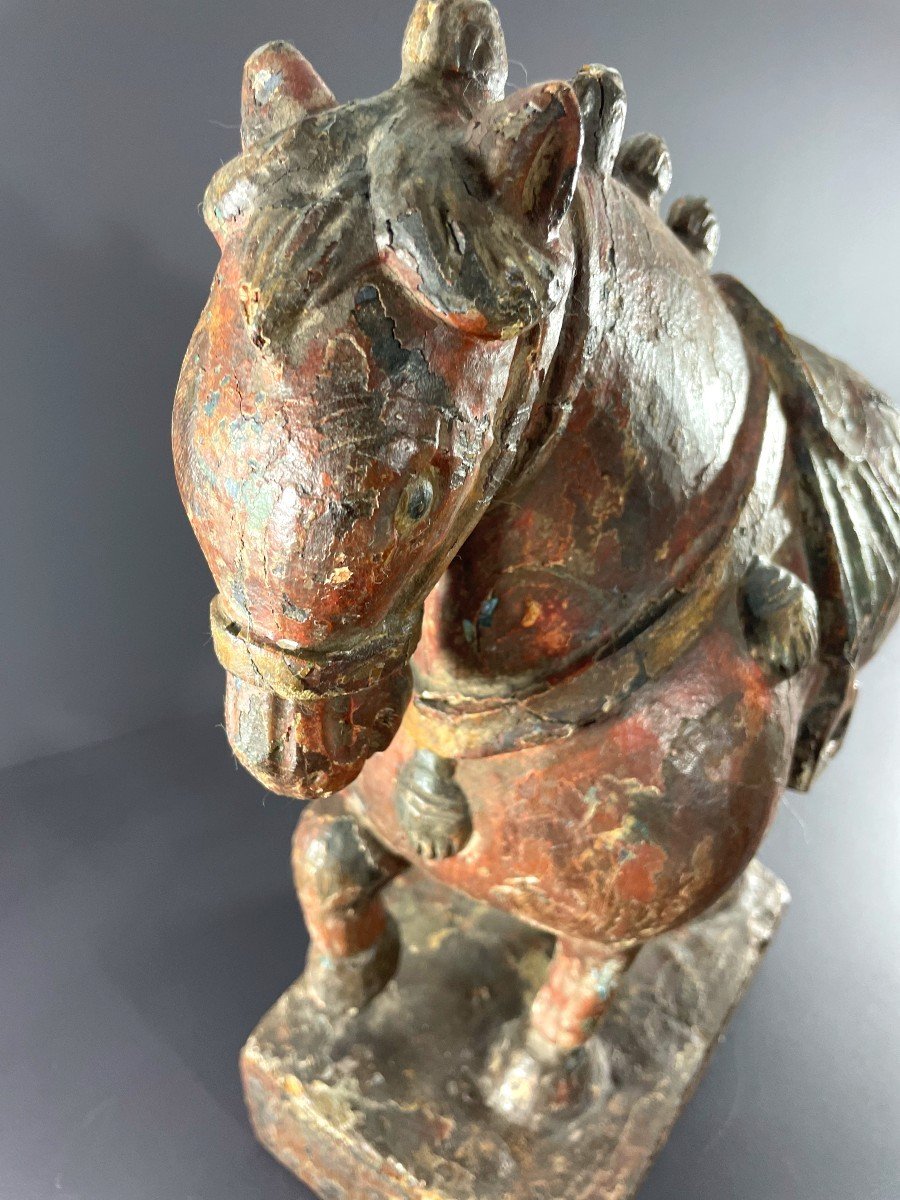 South China, Early 20th Century, Polychrome Wooden Horse Statue With Raised Leg.-photo-3